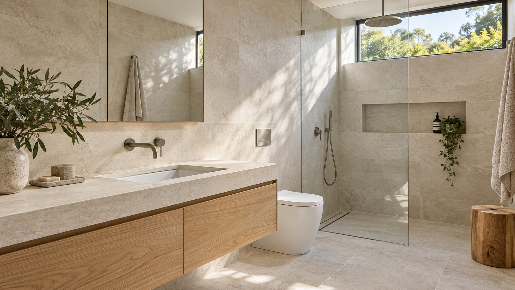 Illustrative contemporary bathroom with stone surfaces and timber vanity